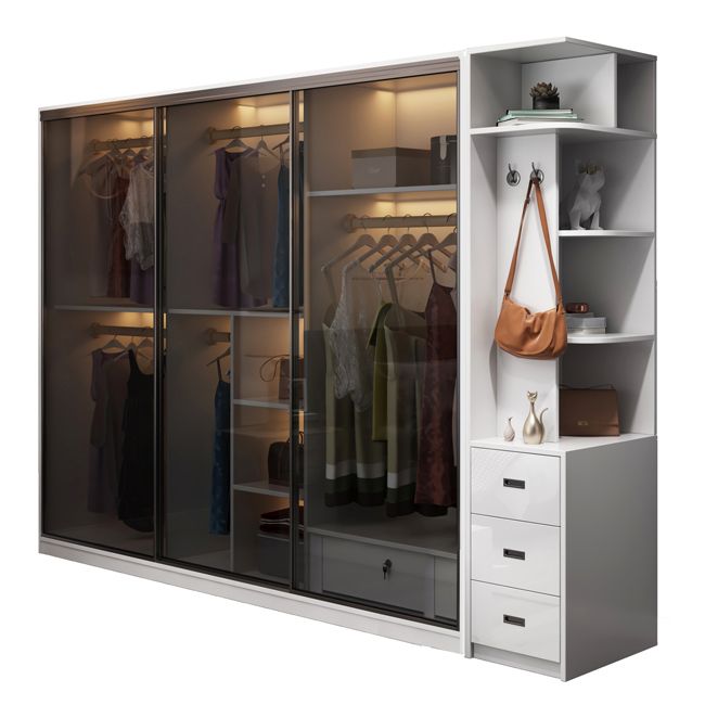 Wood and Glass Wardrobe Armoire Contemporary Sliding Wardrobe Closet