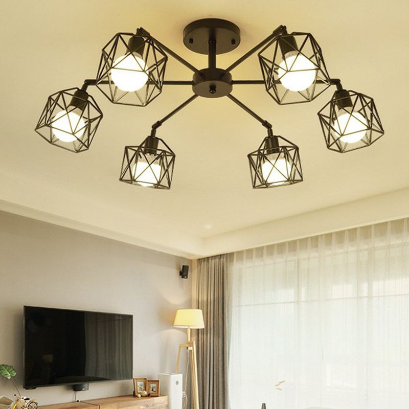 Lámpara de techo empotrada Lámpara de montaje empotrada industrial para sala de estar con jaula de hierro hexagonal en negro