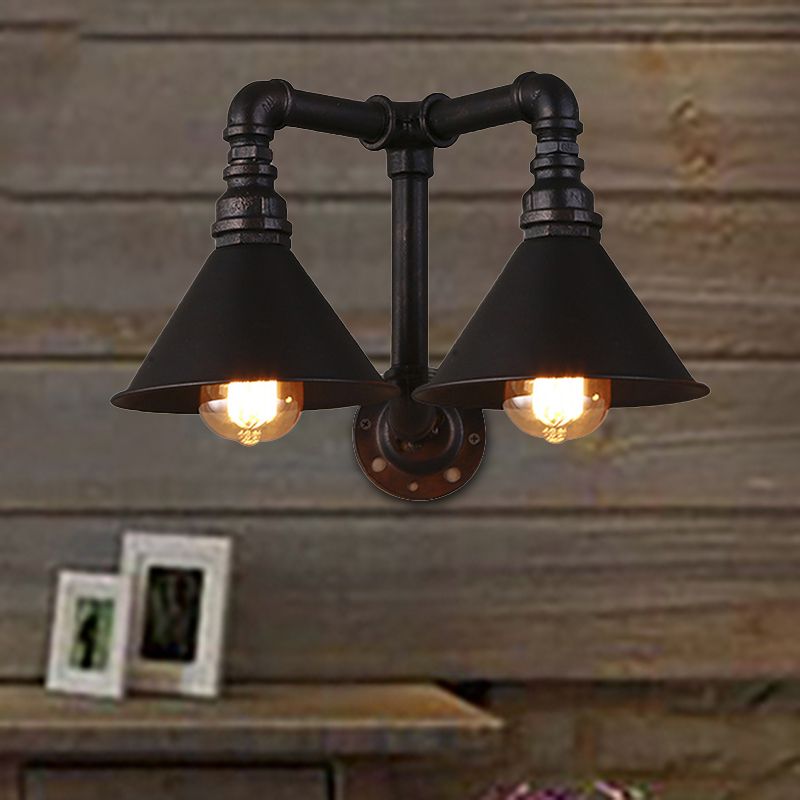 Vintage -Style -Kegelwandlampe mit Wasserrohr 2 Lichter Metallische Wandleuchte in Schwarz, 14,5/18,5 "Breite