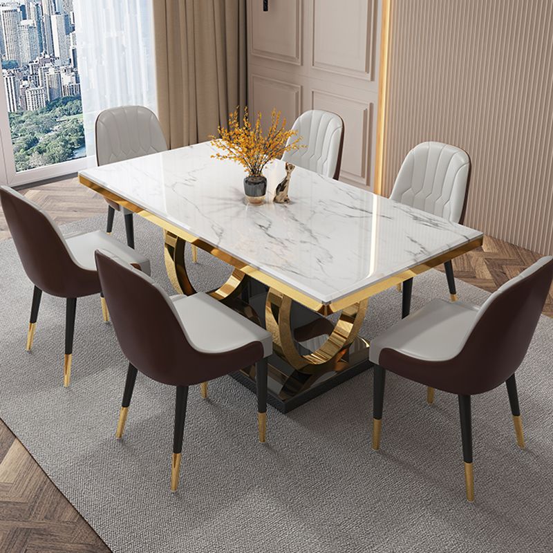 Luxury Marble Dining Table Rectangle Table with Metal Pedestal in Gold