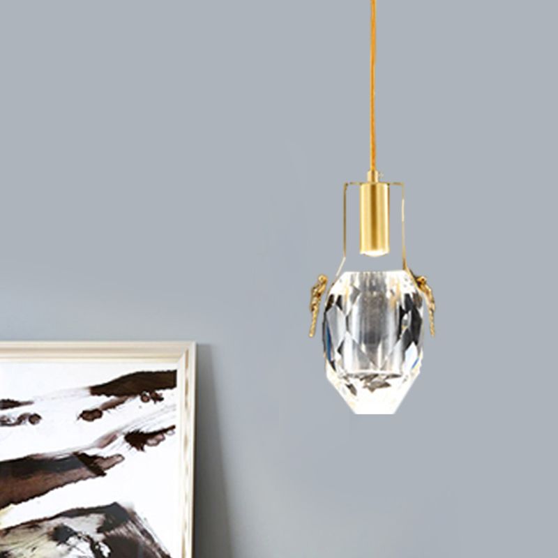LED Mini Suspension Lighting Modern Water Drop Clear Beveled Crystal Pendant in Gold with Dragonfly Ornaments