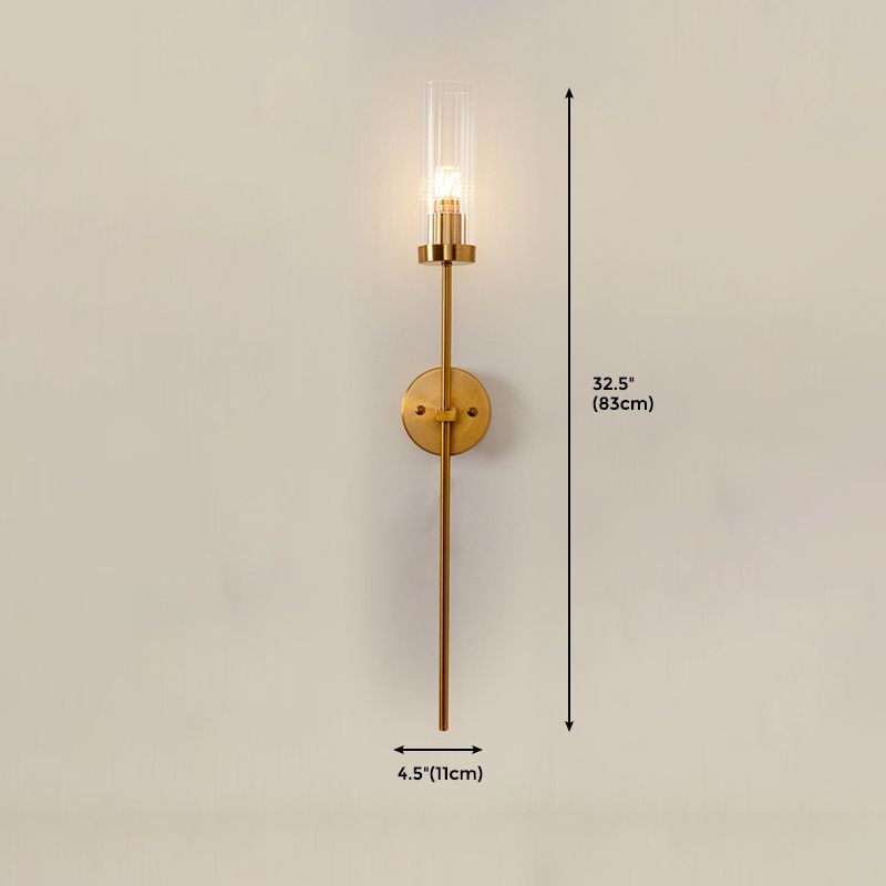 1-Light Torch Design Wall Light, Brass Finish with Cylinder Shaped Glass Shade