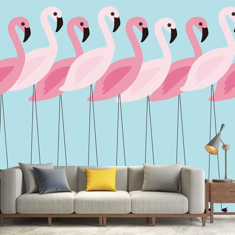 Pink Flamingo Wall Paper Murals Animal Tropix Waterproof Wall Covering on Blue for Home