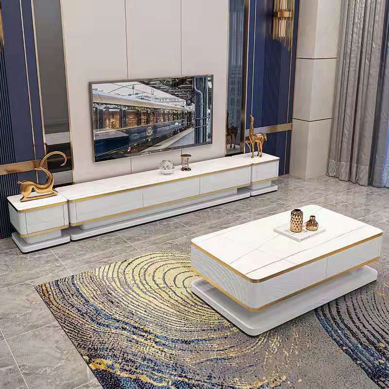 Rectangle Cocktail Table with 4 Solid Wood Drawers and Stone Top