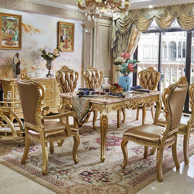 Marble Top Dining Table Rectangle Dining Table with 4 Wood Legs