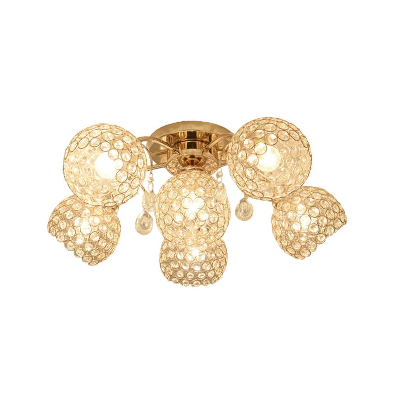 6/9 Heads Semi-Flush Mount Light Minimalist Ceiling Mounted Fixture with Sphere Crystal Embedded Shade in Gold