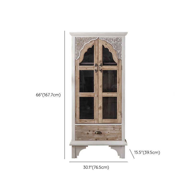 Traditional Pine Curio Cabinet Glass Doors Display Stand with Doors