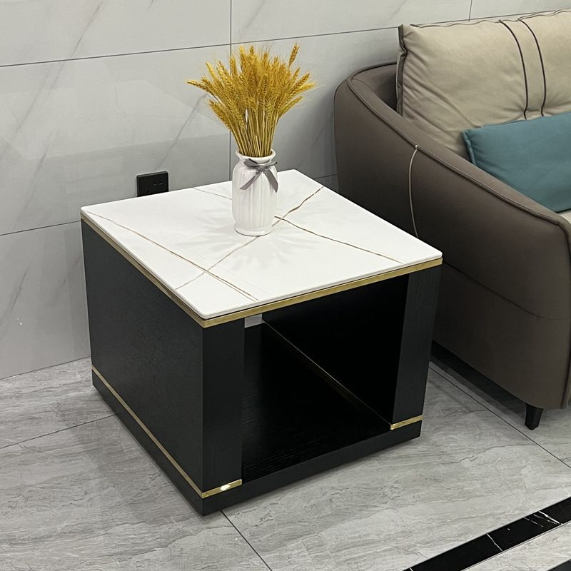 Contemporary Square Stone Top End Table Double Tier Sofa Side Table