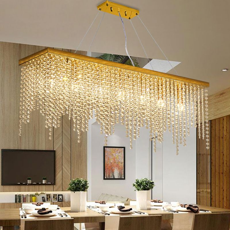 Rectangular Island Light Fixture Modern Crystal Dinning Room Island Pendant Light in Gold