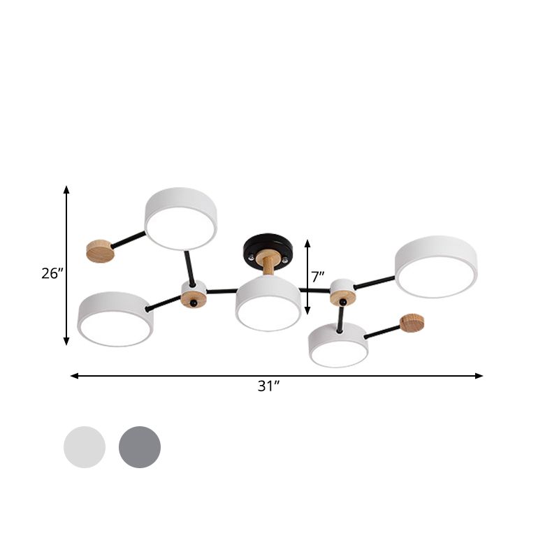 White/Grey Round Shade Ceiling Lamp Nordic 5 Bulbs Iron Semi Flush Mount Fixture with Vine Design