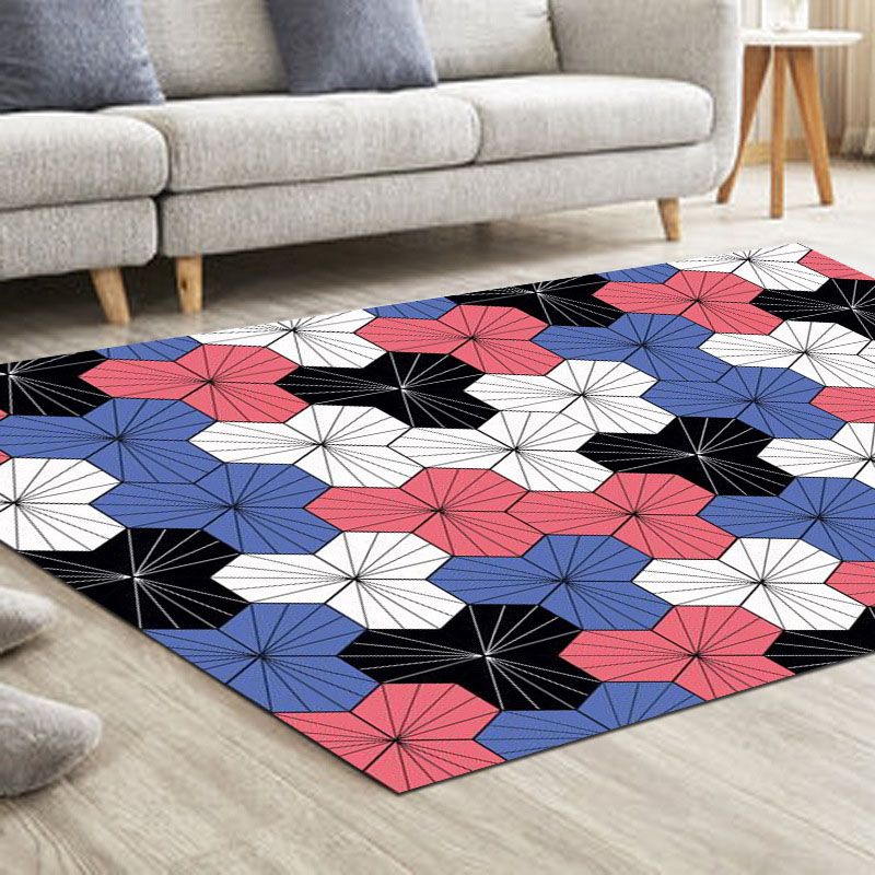 Modern Living Room Area Rug Blue Geometric Pattern Area Carpet Polyester Anti-Slip Rug