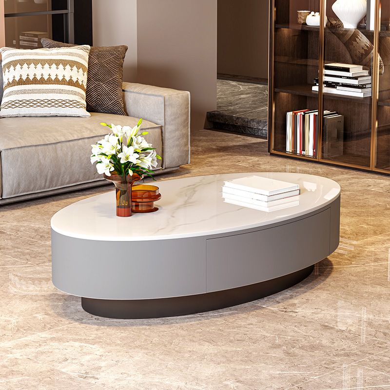 Oval Stone Coffee Table 1 Single Cocktail Table with 1 Storage Drawer