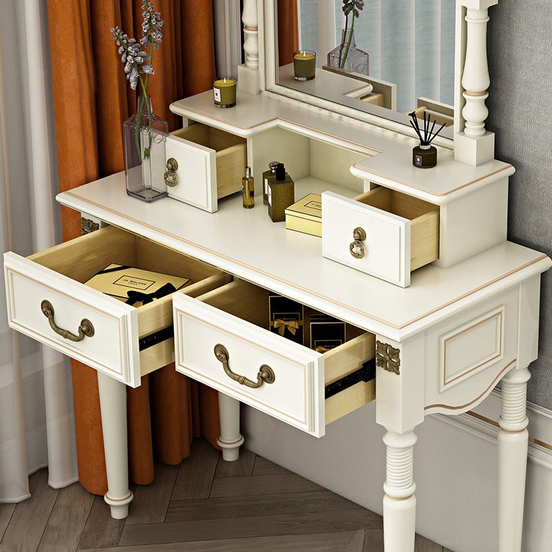 Victorian Solid Wood Vanity Makeup Dressing Table Stool Set with Mirror in White