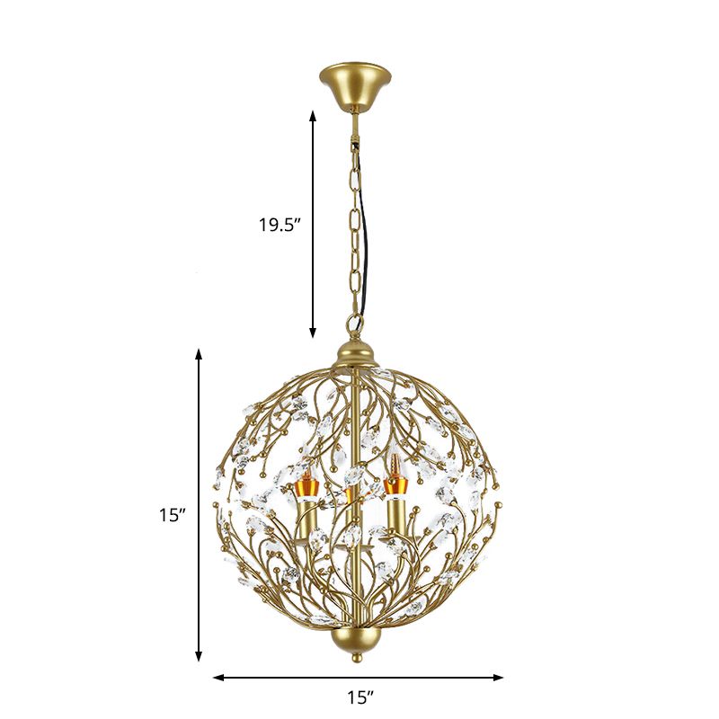 Globe Chandelier Lighting Antique Crystal 3 Lights Brass Hanging Ceiling Light for Dining Room