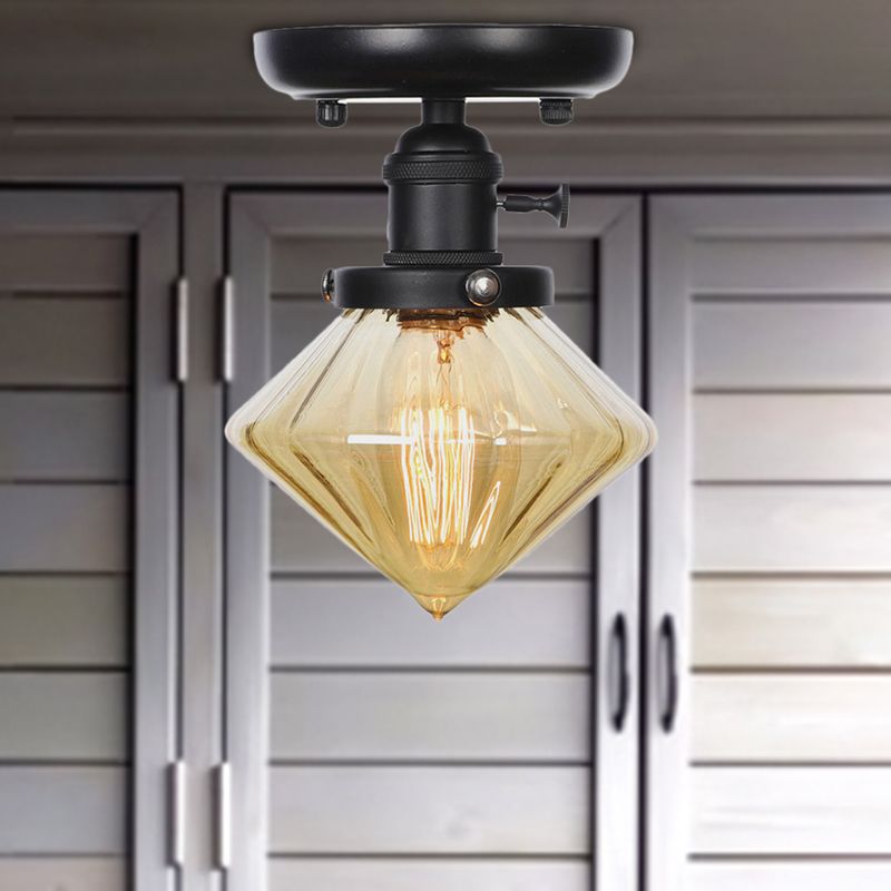 1 Bulb Semi Flush Mount Clear/Amber Glass Industrial Cone/Rhombus/Bell Ceiling Light for Kitchen