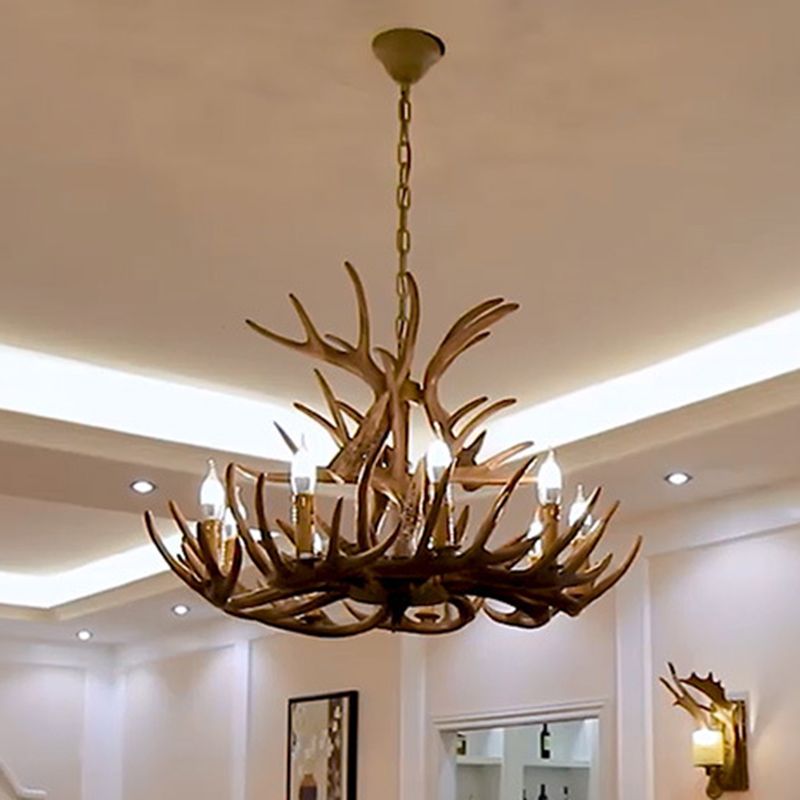 Brown Deer Horn Ceiling Lighting Traditional Resin Living Room Chandelier Light Fixture