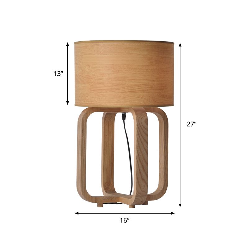 Drum en vierkant frame tafellamp Aziatisch hout 1-lichts slaapkamernachtlamp in beige