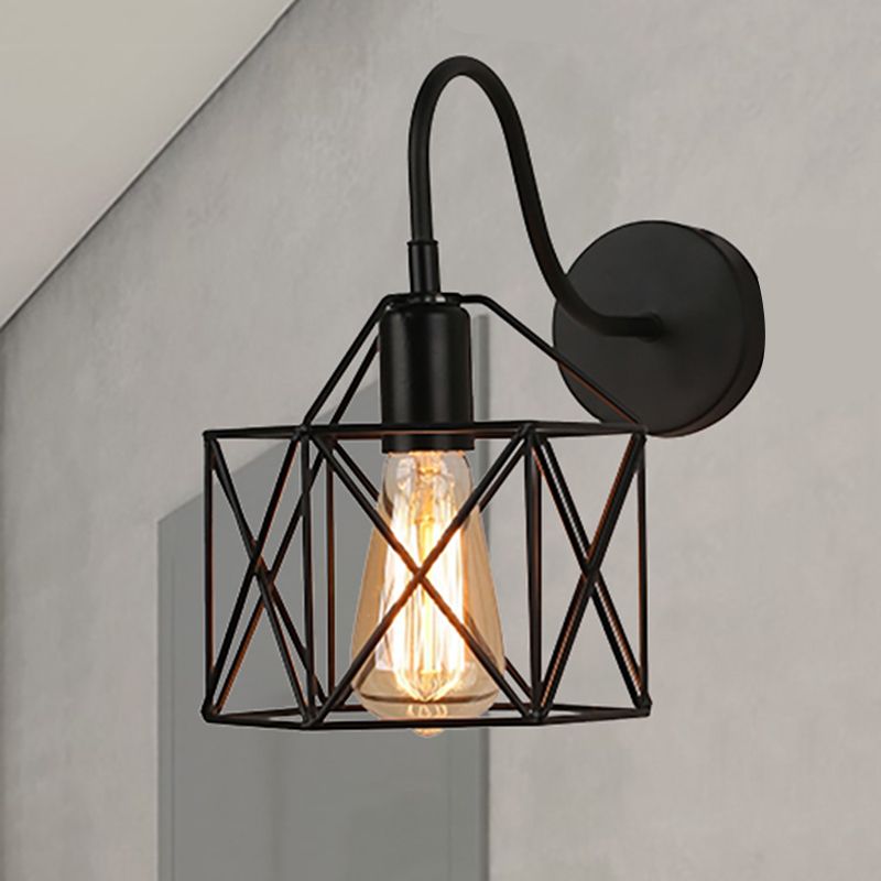 Wire Guard Corridor Sconce Lighting Industrial Metal 1 Light Black Wall Lighting with Gooseneck Arm