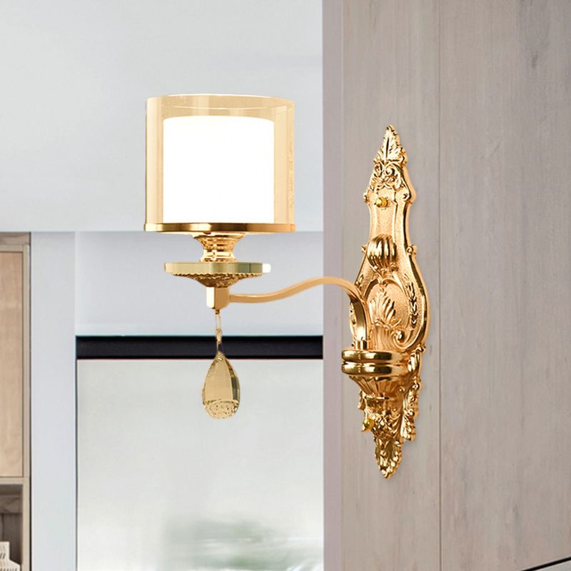 1 Light Wall Mount Lamp Retro Living Room Wall Sconce with Layered Barrel Clear and Frosted Glass Shade, Gold