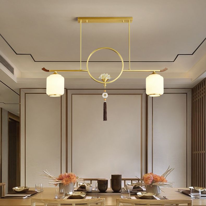 Modern Style Cylindrical Shape Island Lights White Glass 2-light Island Lighting in Gold
