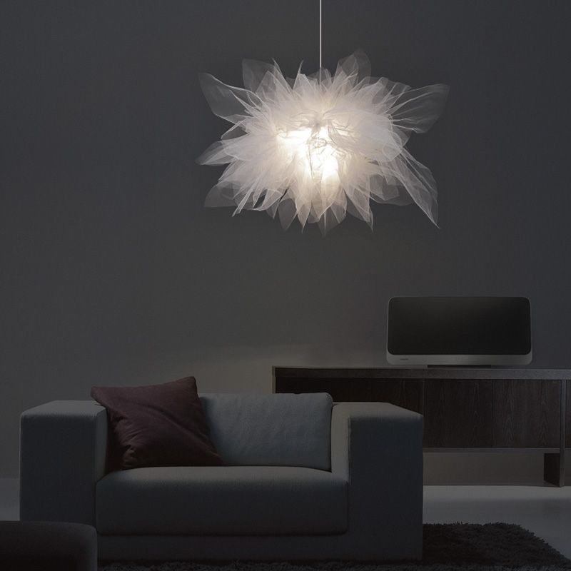 Floral Tulle Hanging Light Fixture Nordic 1-Light White Pendant Lamp for Living Room