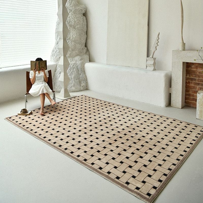 Khaki Traditional Area Rug Plaid Pattern Polyester Area Carpet Stain Resistant Rug for Home Decor