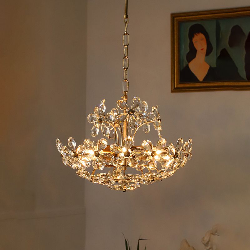 Flower Chandelier Light Fixtures Traditional Multi-Head Suspension Pendant Lamps with Crystal Shade