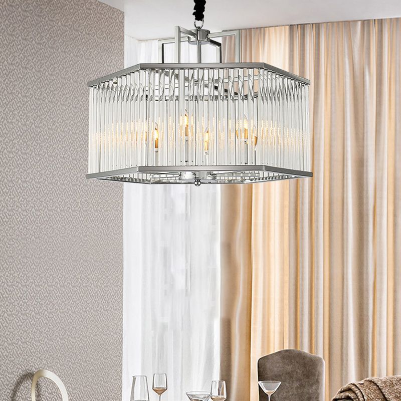 Hexagon Chrome Pendant Chandelier Light Modern Metal Multi Light Hanging Lamp with Crystal for Living Room