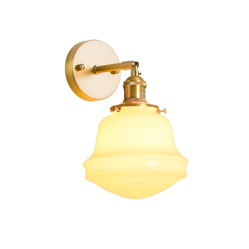 Milky Glass Bell Sconce Lighting Colonialist 1 Bulb Bedroom Wall Mounted Light in Gold with Cord/Straight Arm