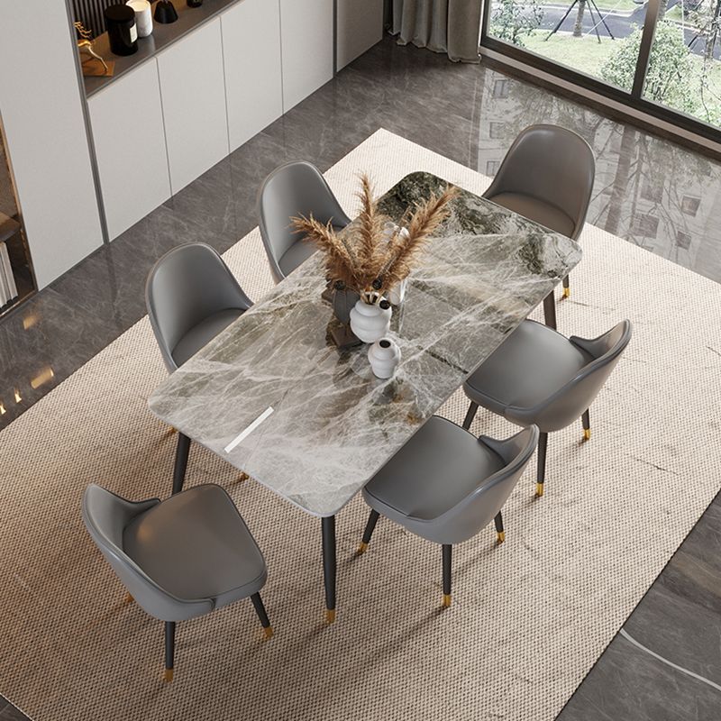 Contemporary Rectangle Stone Table for Restaurant Black Metal Pedestal Dining Table