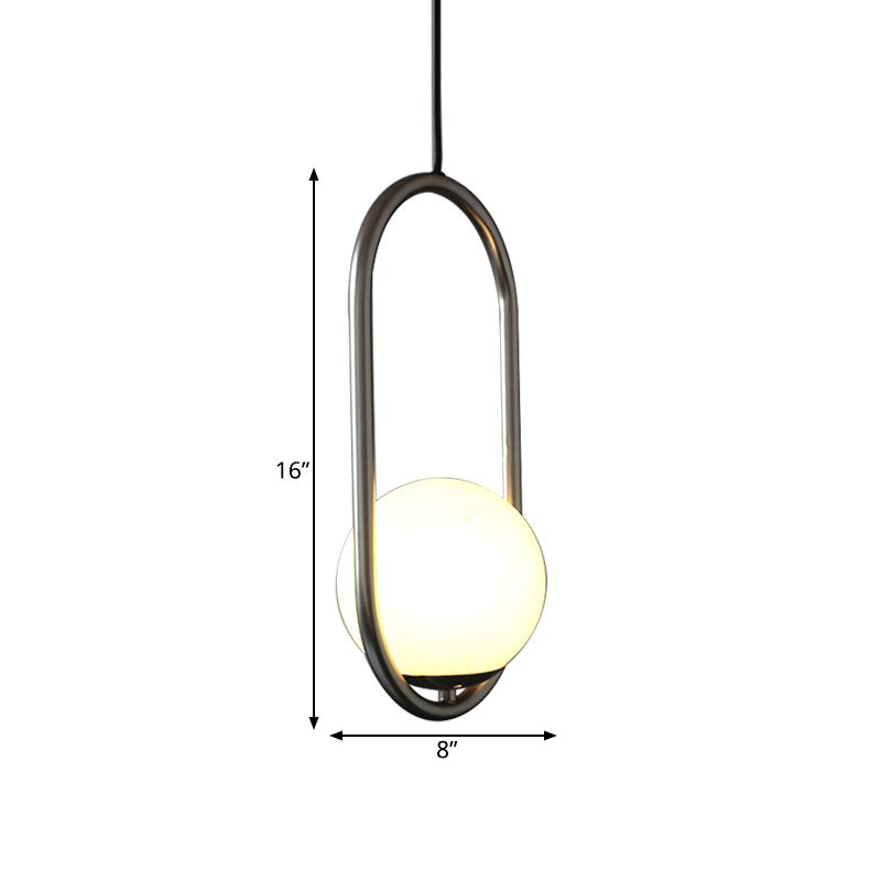 Chrome Oblong Suspension Pendant Minimalism 1-Light Iron Hanging Light with Orb White Glass Shade