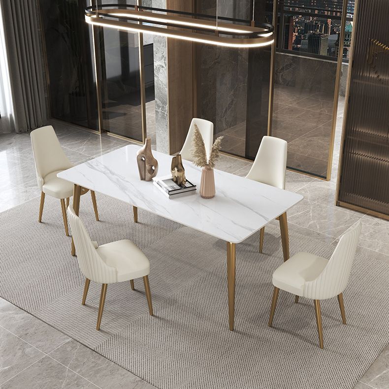 Traditional Luxury Dining Table White Sintered Stone 4 Legs Table with Gold Frame