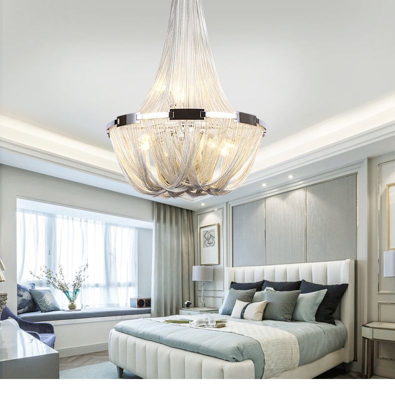 Basket Dinning Room Chandelier Light Fixture Metal Modern Style Hanging Chandelier in Chrome