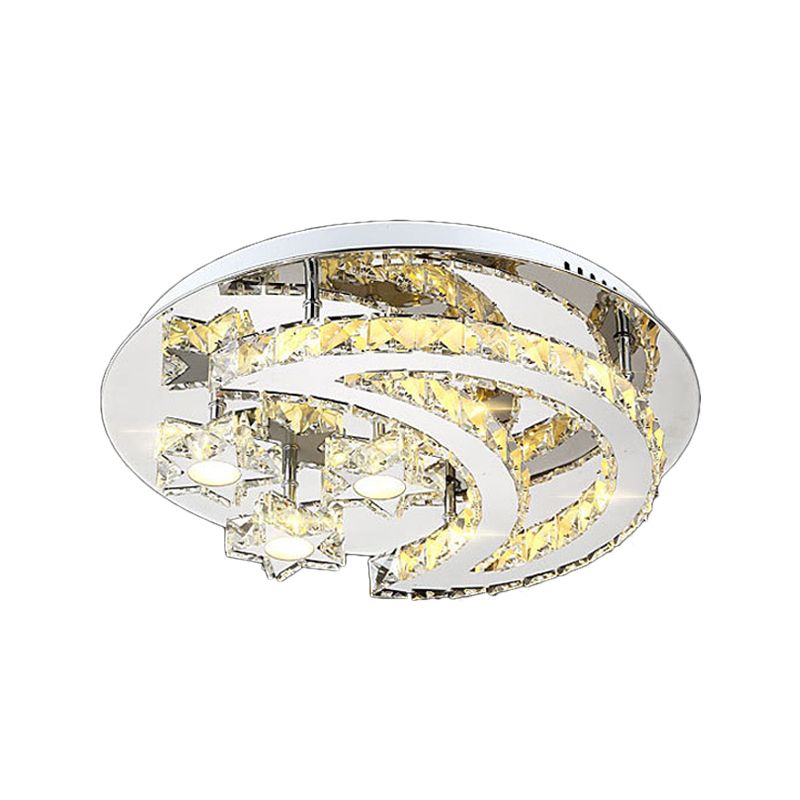 Chrome Moon and Star Flush Light Contemporary Clear Crystal LED Close to Ceiling Lamp