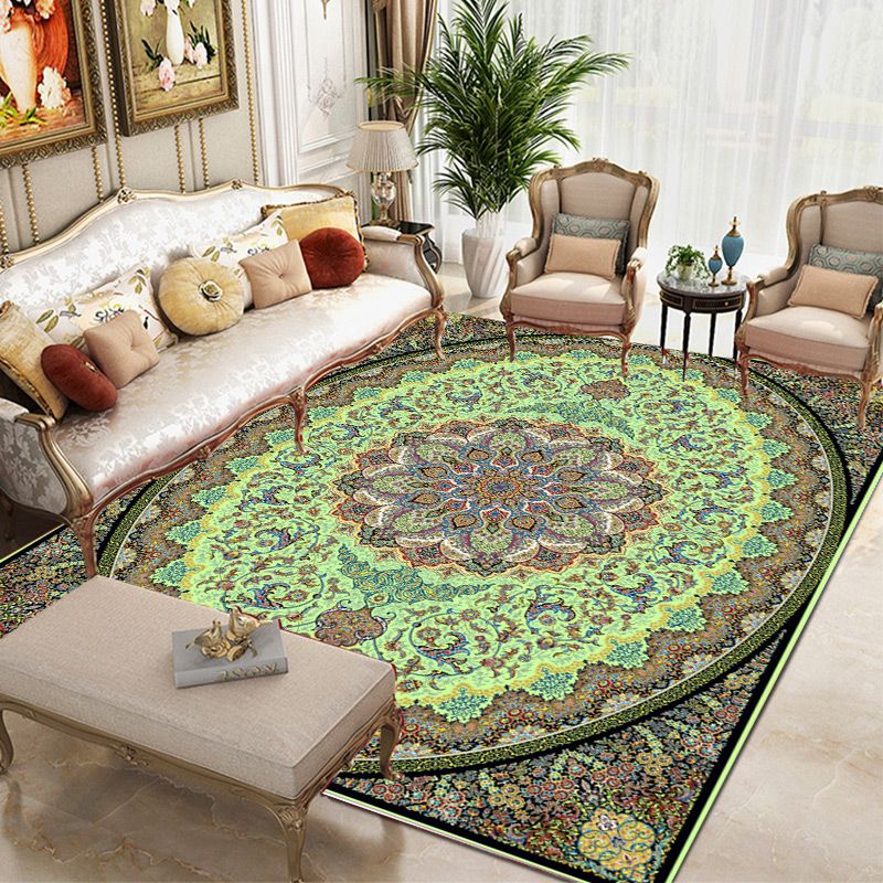 Tapis traditionnel vert Médaillon Médaillon Tapis lavable pour le salon