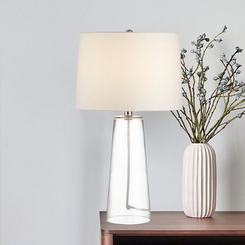 Lampe de table conique traditionnelle à 1 tête en verre transparent avec abat-jour en tissu blanc