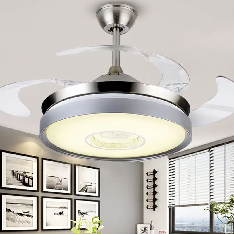 4-Blade Acrylic Drum Pendant Fan Light Contemporary 19" Wide LED Silver Semi Flush for Dining Room