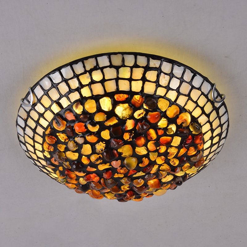 Agate Amber Ceiling Light Dome Shade Mediterranean Flush Mount Lighting with Shell Decor