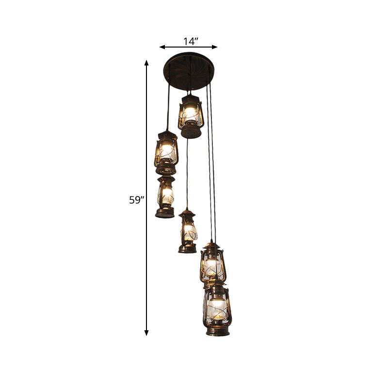 6 Bulbs Metallic Hanging Lamp Contemporary Bronze Lantern Stair Multi Light Pendant