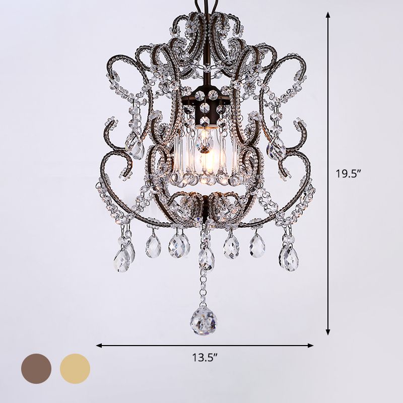1-Head Lantern Down Lighting Contemporary Beveled Crystal Suspension Light in Champagne/Coffee with Curvy Arm