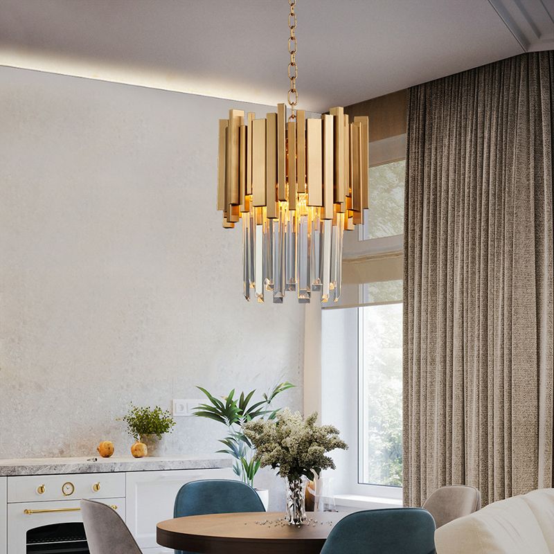 3 Lights Tiered Pendant Light Modernism Metal Hanging Ceiling Light with Clear Crystal Block in Chrome/Gold