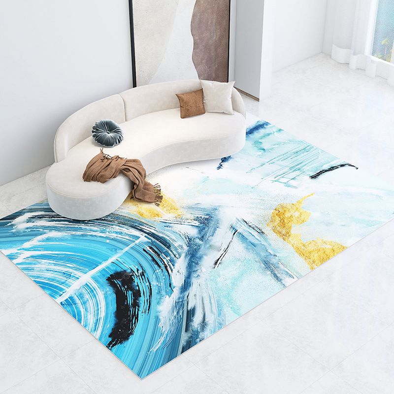 Blue Contemporary Rug Polyester Abstract Print Rug Washable Rug for Drawing Room