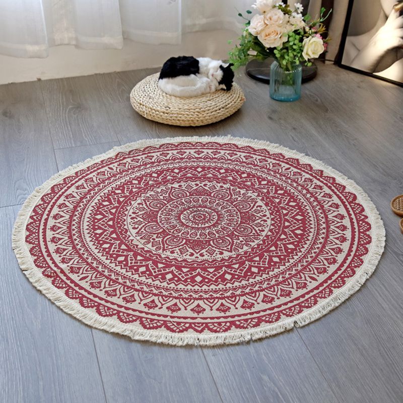 Bohemian Round Carpet Americana Pattern Indoor Rug Cotton Blend Fringe Area Rug for Home Decor