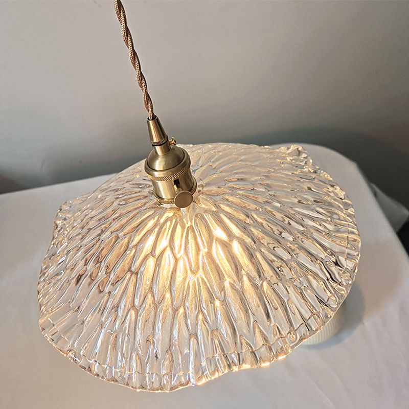 Single Lotus Leaf Shaped Pendant Lamp Farmhouse Brass Clear Carved Glass Hanging Light over Dining Table