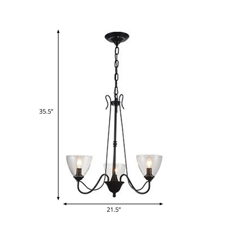Black 3/5 Lights Pendant Chandelier Traditional Clear Glass Scroll Hanging Light with Cone Shade