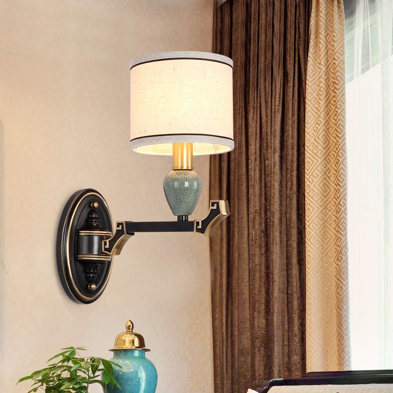 1/2-Bulb Wall Mounted Light Traditional Drum Fabric Wall Sconce Lighting in Black for Bedroom