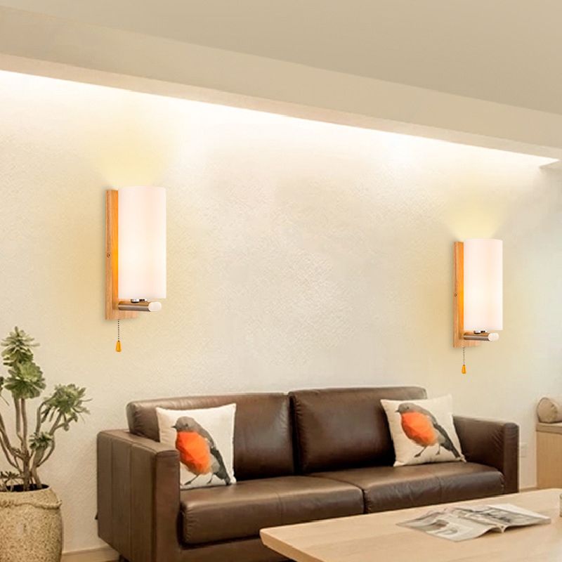 Cylindrical Bedside Wall Mounted Light White Glass Single Simplicity Wall Sconce Lighting with Pull Chain