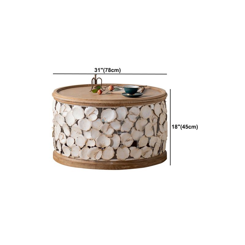 French Country Wood Round Tray Coffee Table Iron Drum Cocktail Table