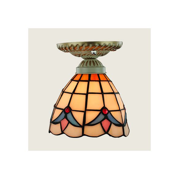 Plafonnier coloré de style Tiffany, vitrail, 1 ampoule, plafonnier encastré avec motif tournesol/queue de paon/lys