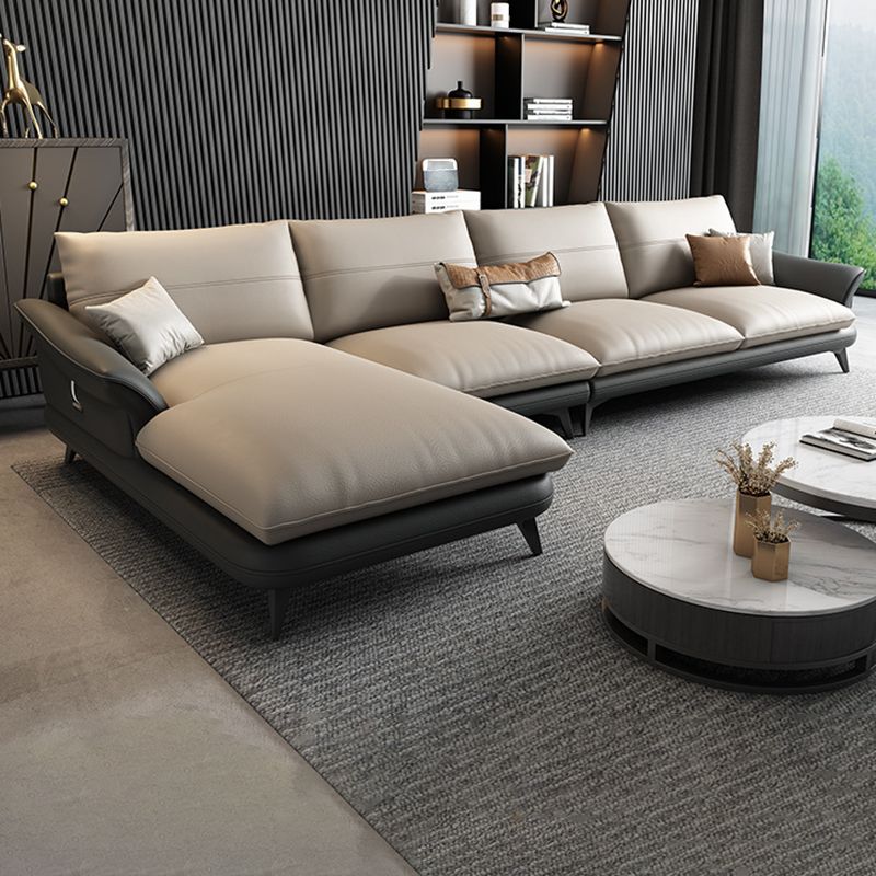 Nordic Stationary Genuine Leather Living Room Flared Arm Sofa Chaise